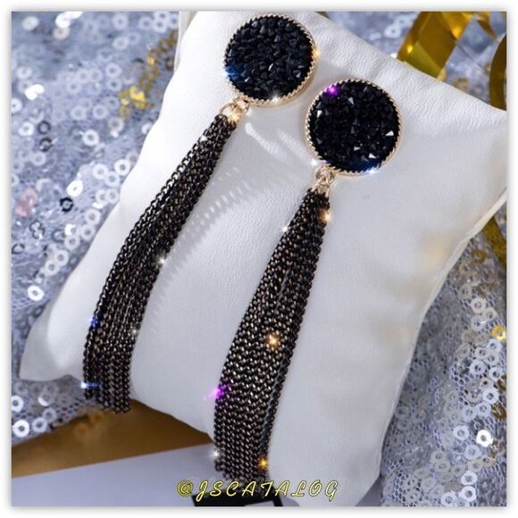 12mm Black Druzy on Gold Plated Long Tassel Earrings - Picture 3 of 5